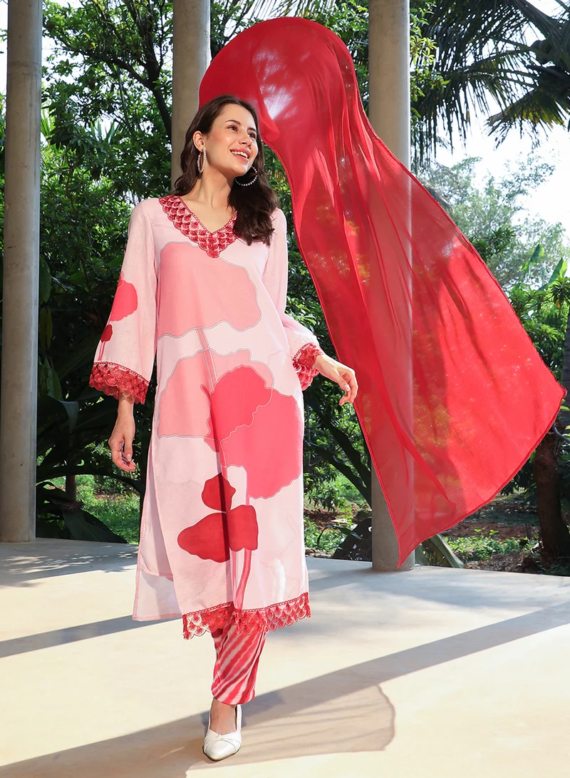 QISSA Women's Rouge Pink Fleur Imprint Kurta Set For Casual Wear | V-Neck | Quarter Regular Sleeves | 3 Piece Kurta Set Designed With Comfort Fit For Everyday Ethnic Wear